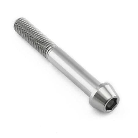 Tapered Allen head titanium bolt in natural finish, measuring M8 X 1.25mm X 60mm, featuring a smooth, shiny surface and spiral threading along the shaft.