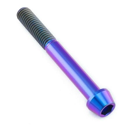 Purple titanium tapered Allen head bolt, measuring M8 x 1.25mm x 65mm, featuring a smooth finish and a hexagonal socket for easy installation.