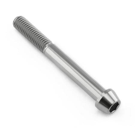 Tapered Allen head titanium bolt in natural finish, measuring M8 x 1.25mm x 70mm with a 25mm length, featuring a sleek, shiny surface and distinct threading.