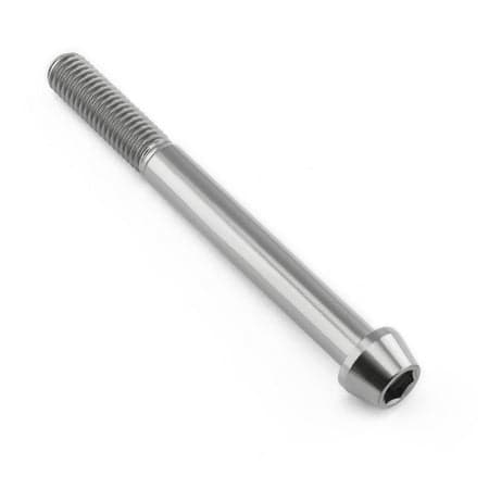 Tapered Allen head titanium bolt in natural finish, measuring M8 x 1.25mm x 80mm with a 28mm length, featuring a smooth, shiny surface and hexagonal socket for tools.