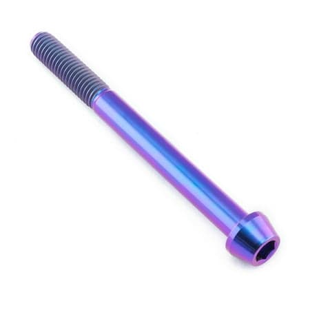 Purple tapered Allen head titanium bolt, measuring M8 x 1.25mm x 85mm, featuring a shiny finish and distinctive threading along the shaft.