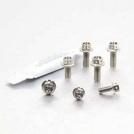 Pro-Bolt Titanium Chain Guard & Hugger Bolt Kit featuring six blue titanium bolts with a shiny finish and a small tube of adhesive, designed for durability and style.