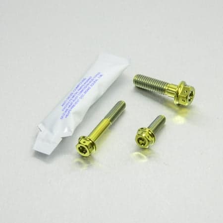 Pro-Bolt Titanium Chain Guard & Rail Bolt Kit in gold, featuring three gold titanium bolts and a small packet of thread locker, set against a light background.