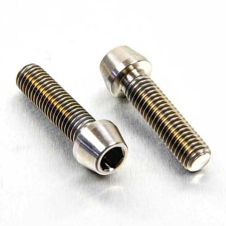 Pro-Bolt titanium clip-on handlebar pinch bolt kit featuring two silver bolts with a hex socket head and finely threaded shafts, designed for durability and lightweight performance.