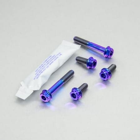Pro-Bolt Titanium Exhaust Mount Bolt Kit featuring five purple titanium bolts with a shiny finish and a small tube of adhesive.