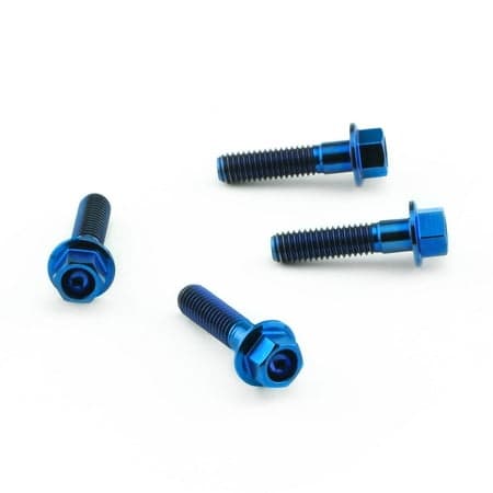 Pro-Bolt Titanium Footrest Heel Plate Bolt Kit in blue, featuring four hexagonal head bolts with a shiny finish and threaded shafts for secure installation.