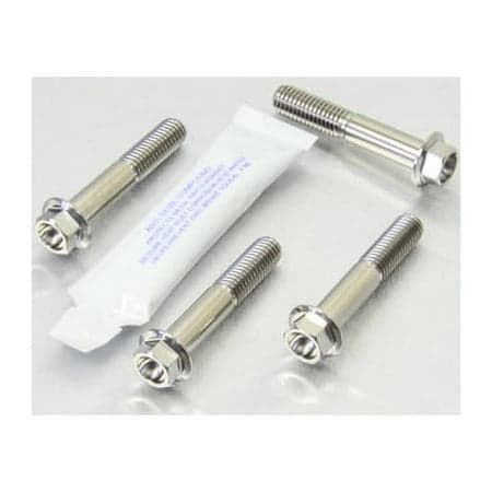 Pro-Bolt Titanium Front Axle Pinch Bolt Kit in silver, featuring four bolts with hex heads and a tube of thread-locking compound, designed for durability and lightweight performance.