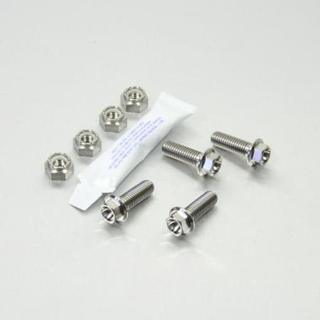 Silver titanium subframe mount bolt kit by Pro-Bolt, featuring four bolts with flanged heads, three matching nuts, and a small packet of thread locker.