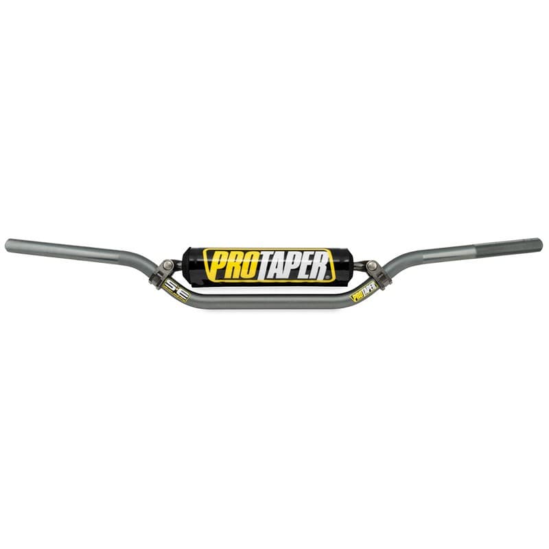 Pro Taper SE handlebars in a CR low bend design, featuring a sleek platinum finish with black grips and a prominent yellow and black logo.