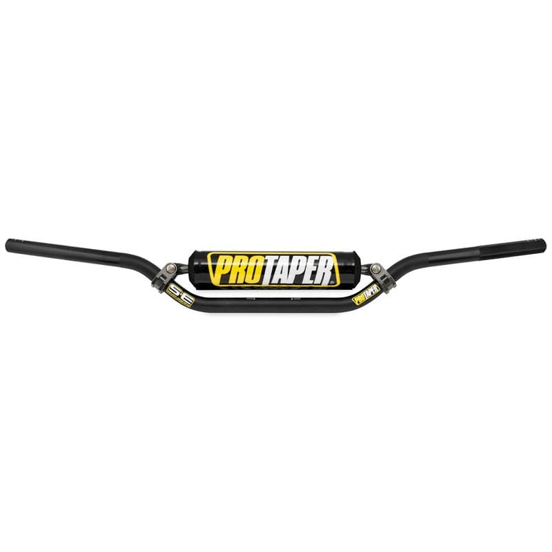 Black Pro Taper SE handlebars with a Carmichael bend, featuring a sturdy aluminum construction and a prominent yellow and black logo in the center.