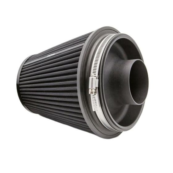 Black multi-fit cone air filter with a textured surface, featuring a velocity stack and a metal clamp, measuring 178mm in height and 102mm in diameter.