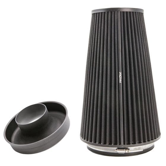 Black multi-fit cone air filter with a ribbed design, featuring a shiny metal base and a removable velocity stack, measuring 300mm in height and 83mm in diameter.