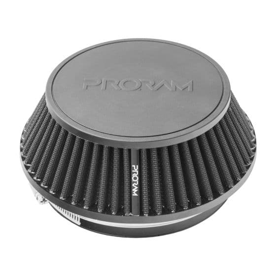 Black cone air filter with pleated design and a smooth top, featuring "PRORAM" logo, designed for multi-fit applications with a velocity stack, measuring 63mm to 83mm.