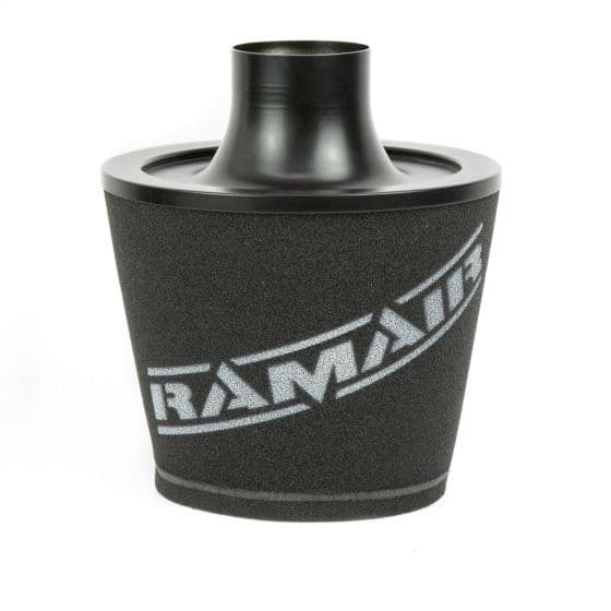 Large black air filter with a textured surface and an alloy neck, featuring the "RamAir" logo prominently displayed in silver.