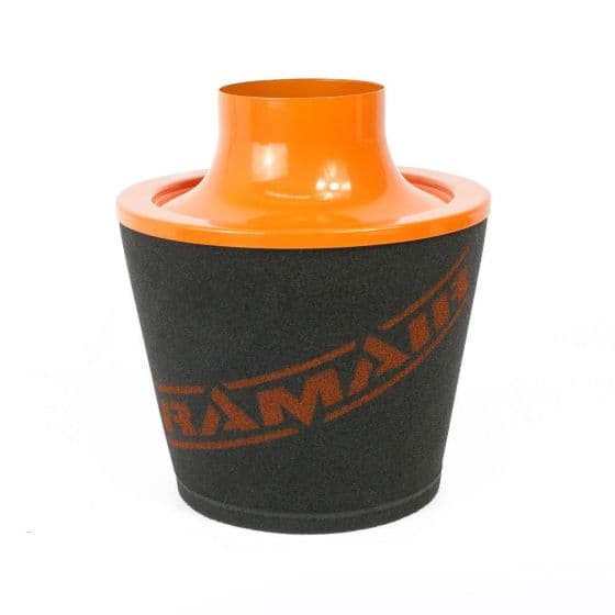 RamAir Universal Alloy Neck Cone Air Filter in orange, featuring a sleek XL cone design, 90mm neck, and a textured black foam body with embossed branding.