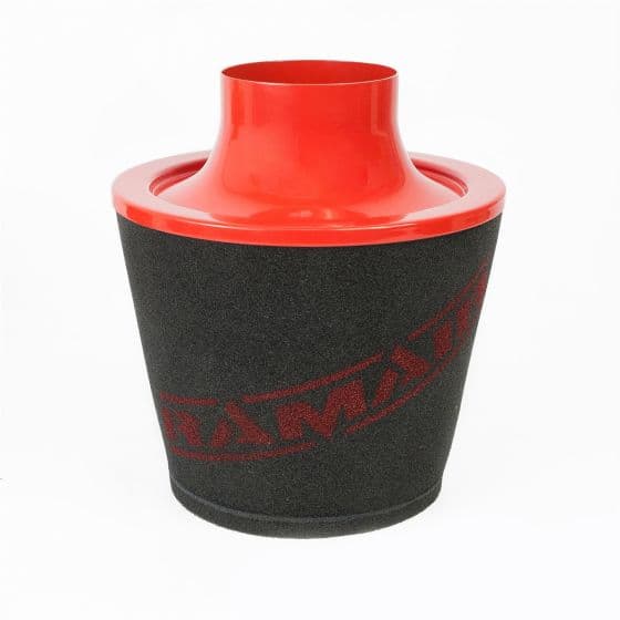 Red alloy neck cone air filter with a black foam body, featuring a smooth, wide opening and a prominent RamAir logo in red, designed for universal fitment.