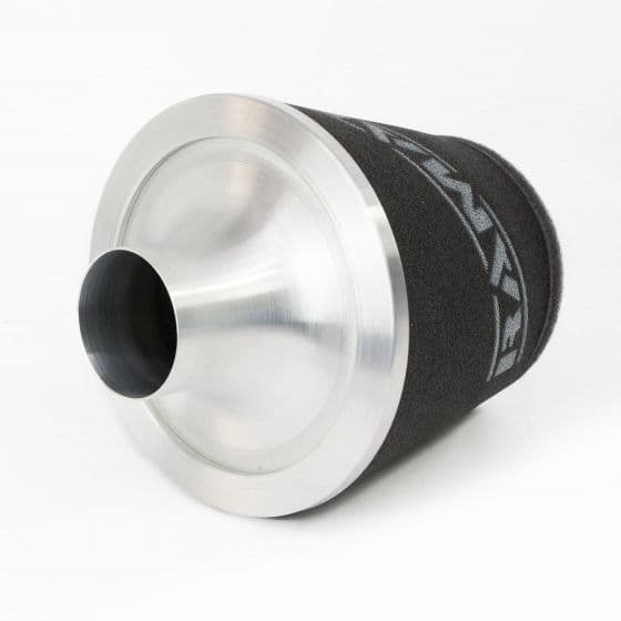 Silver alloy cone air filter with a large 80mm opening, featuring a black foam outer layer and a sleek, polished metal rim with a logo design.