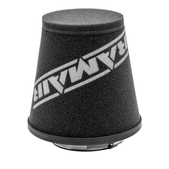 Black rubber neck cone air filter with a tapered design, measuring 93-150mm OD and 130mm length, featuring a silver RamAir logo and a metal clamp for secure attachment.