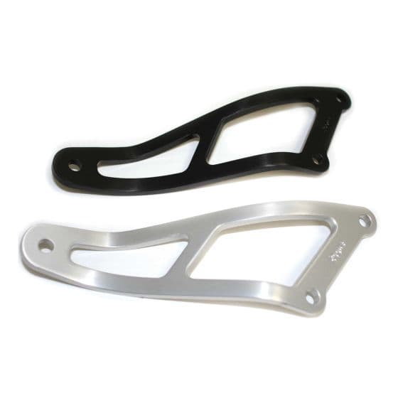 Silver and black R&G motorcycle exhaust hangers, featuring a sleek design with cut-out sections for weight reduction and made from durable material for enhanced performance.