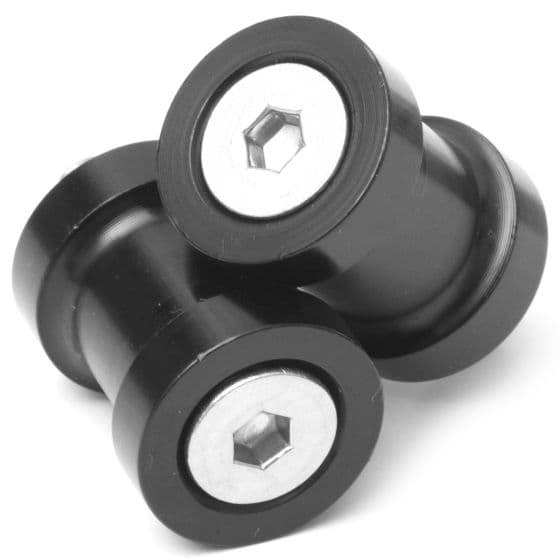 Black R&G Motorcycle M10 paddock stand bobbins featuring a smooth, cylindrical design with a silver hexagonal insert for easy attachment.