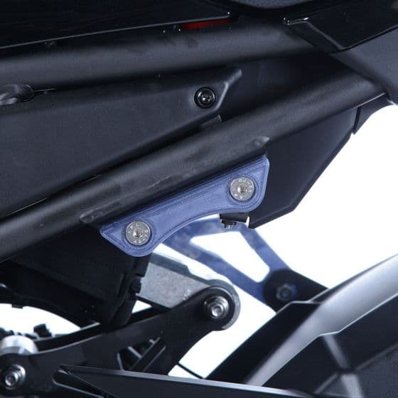 Silver R&G Motorcycle rear footrest blanking plates, made of durable material, featuring two pieces with circular mounting holes, designed to cover unused footrest mounts.