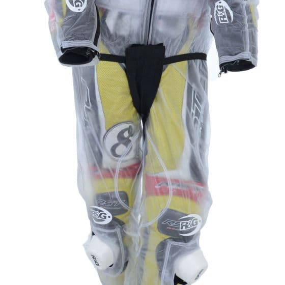Clear waterproof rain trousers featuring a lightweight material, black adjustable waistband, and reflective R&G branding, designed for motorcycle use.