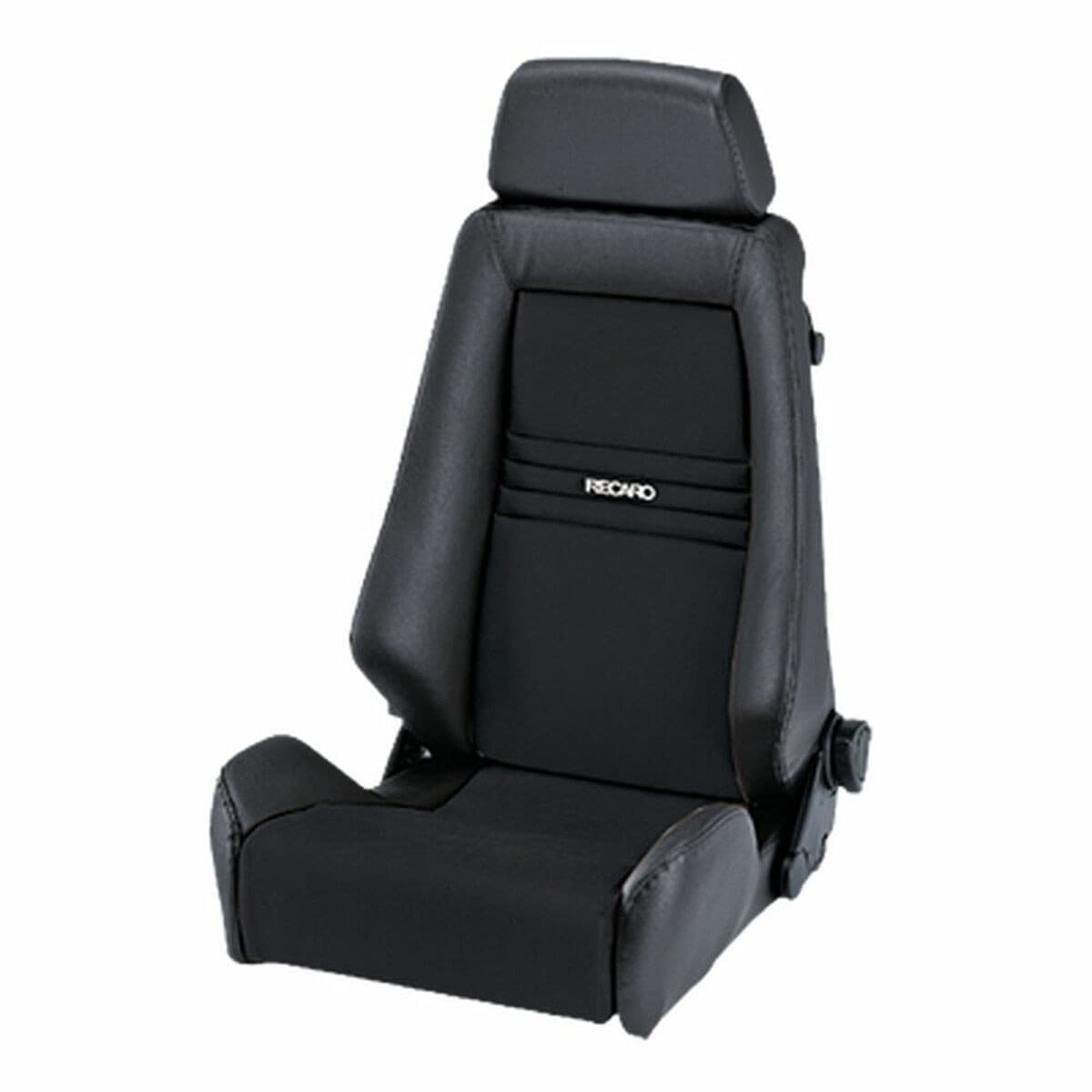 Black racing seat with a sleek design, featuring a high backrest, integrated headrest, and Recaro branding, made from durable material for optimal support and comfort.