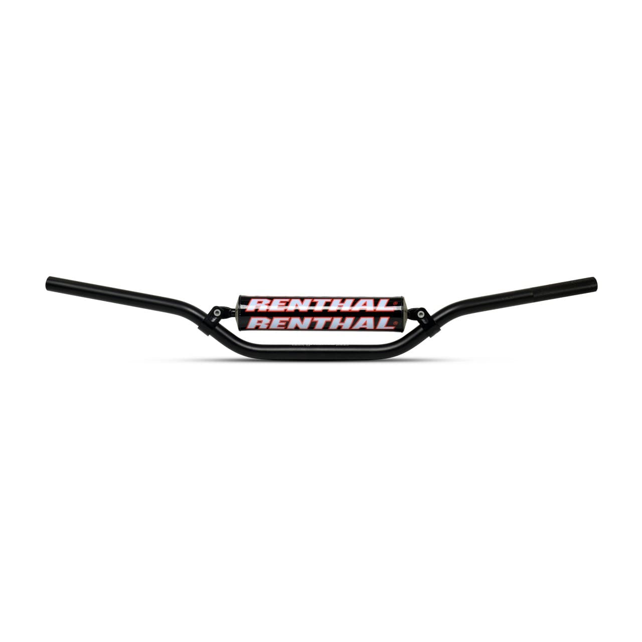Black aluminum handlebar with a wide grip and a central Renthal logo in bold red and white lettering, designed for 7/8" mounting.