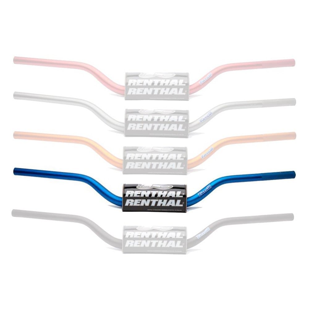 Fatbar 827 handlebar by Renthal features a central blue section with white branding, flanked by pink and orange variants, showcasing a lightweight aluminum construction.