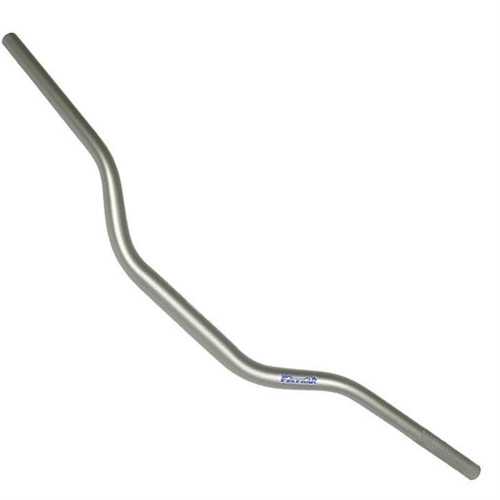 Silver aluminum handlebar with a slight bend, featuring a textured grip area and blue Renthal logo, designed for motocross use by Villopoto and Stewart.