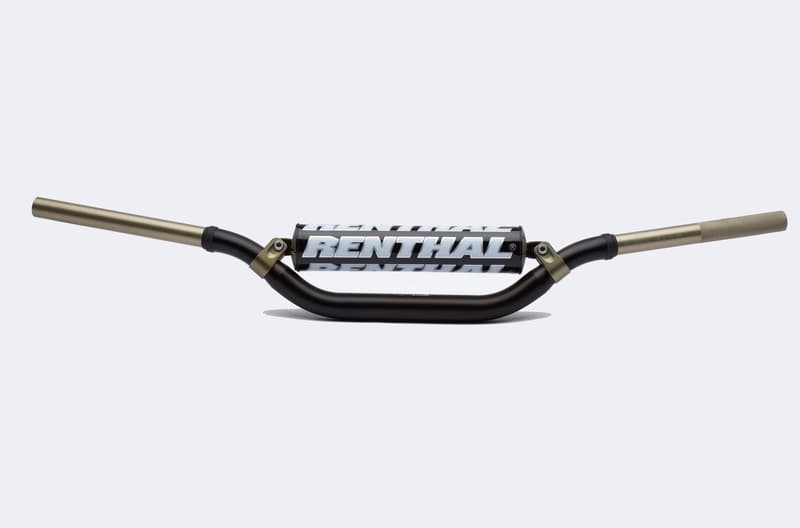 Black aluminum handlebar with a high-rise design, featuring gold-colored ends and prominent "RENTHAL" branding in white across the center.