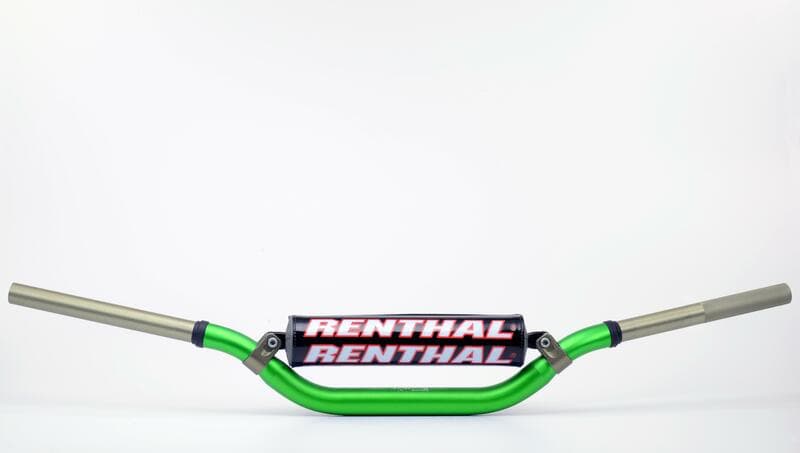 Green Renthal 996 Twinwall handlebars with a glossy finish, featuring a distinctive black and red "RENTHAL" logo in the center and aluminum ends for durability.