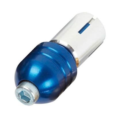 Blue aluminum bar end plugs with a rounded design, featuring a silver hex screw and cut-out slots for secure fitting, ideal for motorcycle handlebars.