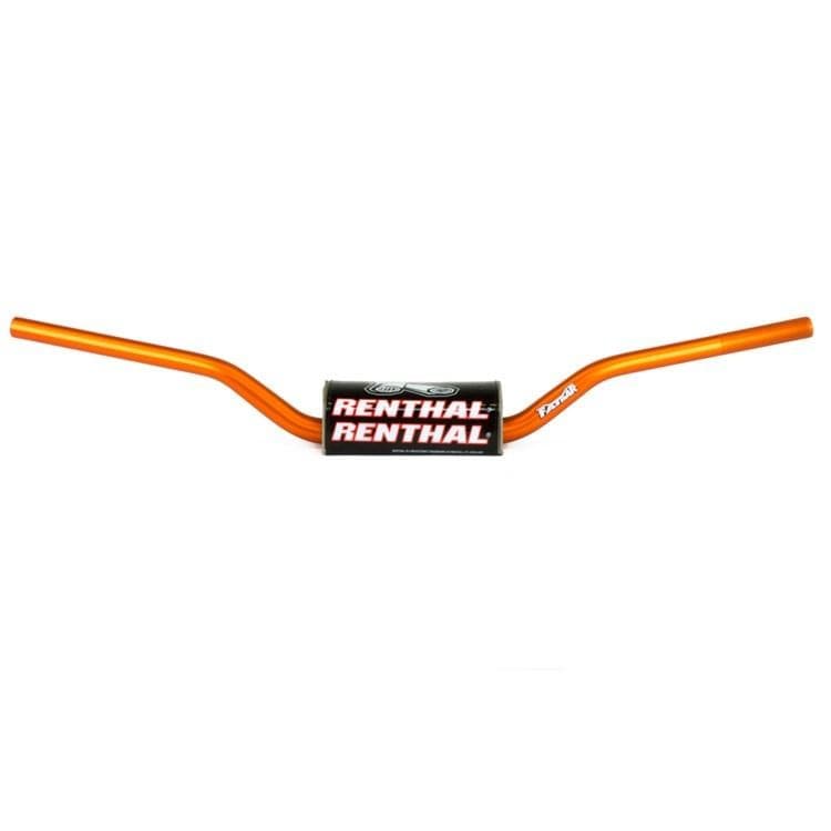 Orange Renthal 609 RC High Bend Fat Bar handlebars with a black and white logo in the center, featuring a sturdy aluminum construction and a high-rise design for improved control.