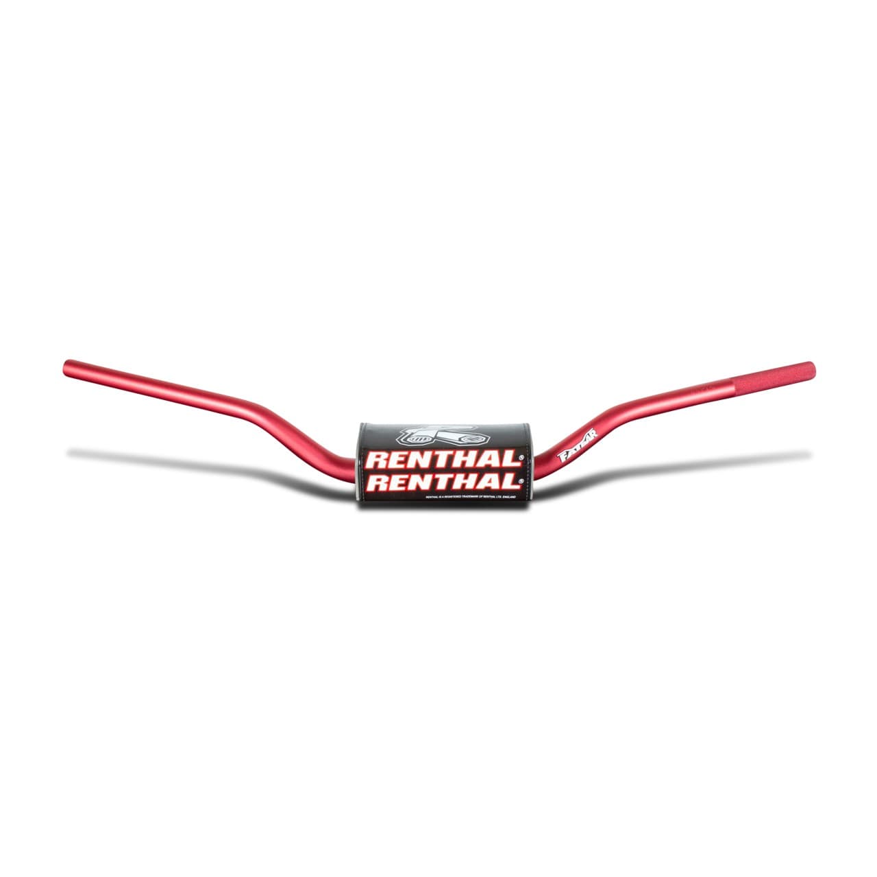 Red Renthal Volant 1 1/8" (28.6mm) MX Fatbar handlebars featuring a black center with white "RENTHAL" branding and a curved design for improved grip and control.