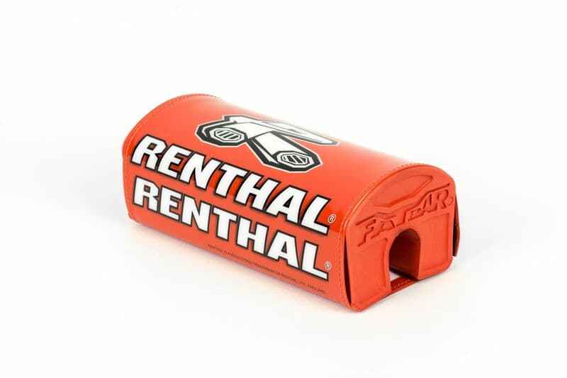 Bright orange handlebar pad with "RENTHAL" logo prominently displayed in white, made of durable material, featuring an opening for easy attachment.