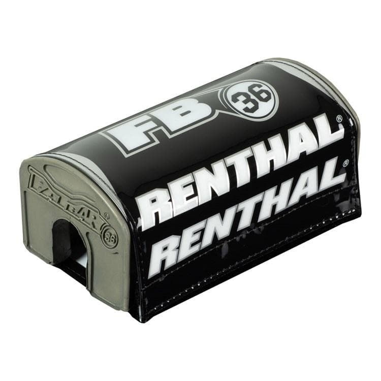 Black and silver Renthal FB36 Fat Bar Pad featuring bold white branding, a padded exterior, and a cut-out for easy installation on handlebars.
