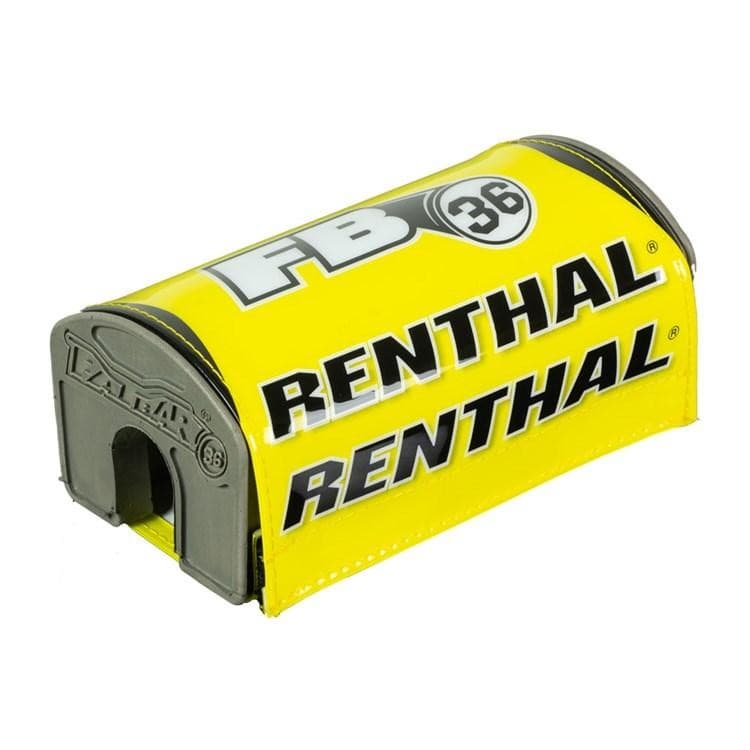 Yellow, white, and black Renthal FB36 Fat Bar Pad featuring bold "RENTHAL" branding, a durable material, and a protective design for handlebars.