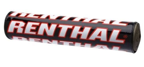 Black handlebar pad with bold white and red "RENTHAL" branding, measuring 216mm, designed for mini bikes, featuring a durable foam material for impact protection.