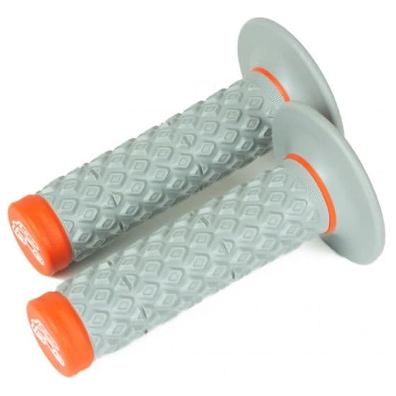 Dual grey rubber grips with a textured diamond pattern, featuring orange accents and end caps, designed for comfort and control in motocross applications.