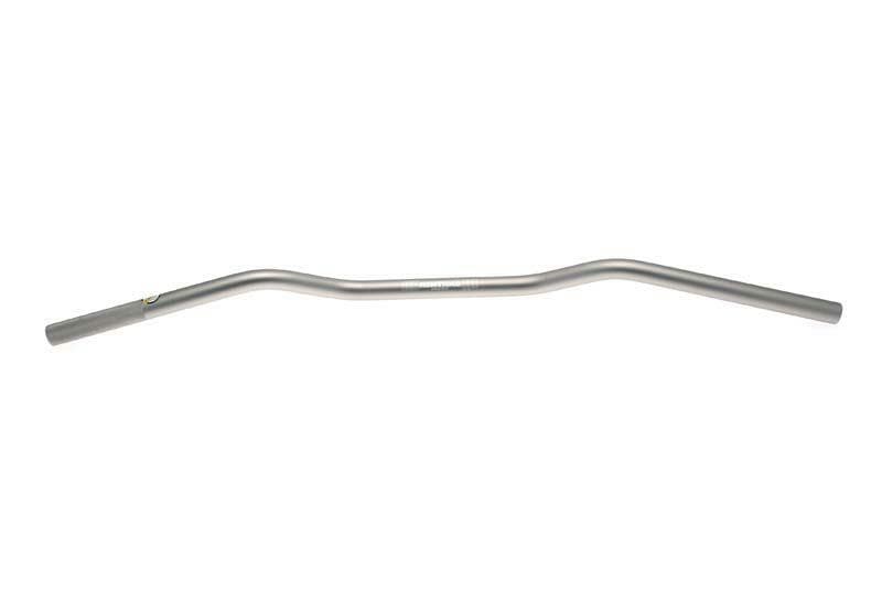 Silver aluminum Renthal 749 Road Wide Handlebar with a slight curve, featuring a smooth finish and wide grip area for enhanced control and comfort.