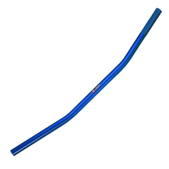Renthal Superbike flat handlebars in vibrant blue, featuring a lightweight aluminum construction and a sleek, curved design for improved grip and control.