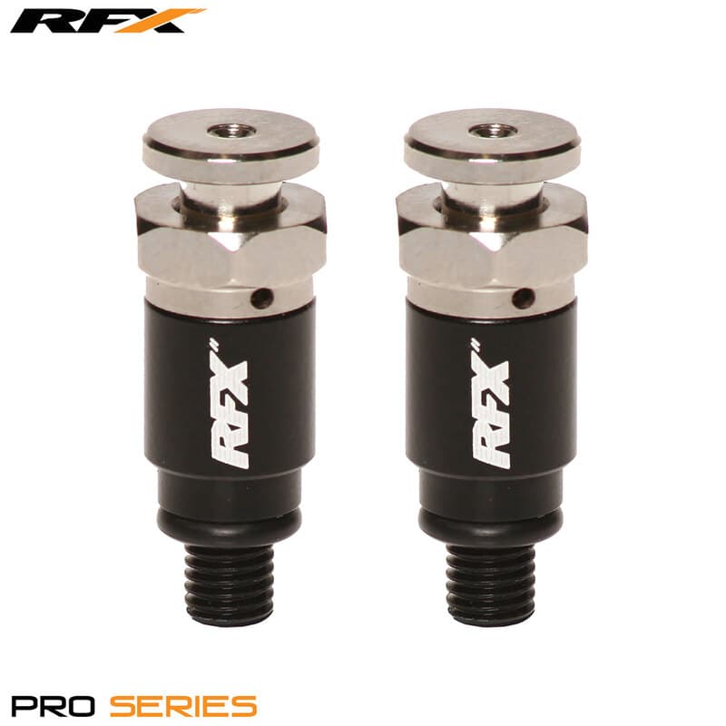 Black RFX Pro Fork Air Bleeders with M5x0.8 threading, featuring a silver metal top and hexagonal nut, designed for Kayaba/Showa forks.