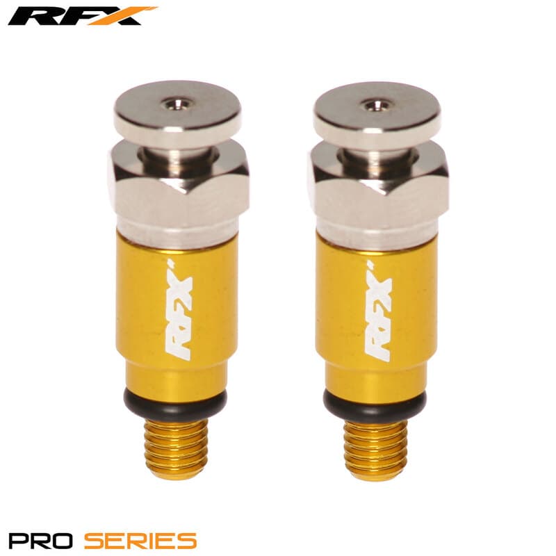 Two RFX Pro Fork Air Bleeders in yellow and silver, featuring a threaded base and a shiny metal top, designed for Kayaba/Showa forks.