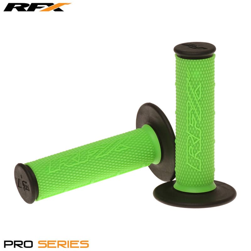 Green rubber grips with textured surface and black ends, featuring the "RFX" logo, designed for enhanced grip and comfort, ideal for motorcycle or ATV handlebars.