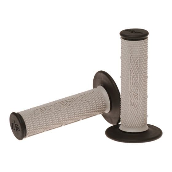 RFX Pro Series dual compound grips in grey with black ends, featuring a textured surface for enhanced grip and control, designed for motorcycle handlebars.
