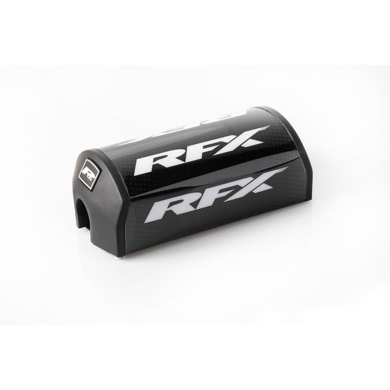Black and white tapered bar pad with a glossy finish, featuring the "RFX" logo prominently displayed, designed for 28.6mm handlebars, with a durable foam material.
