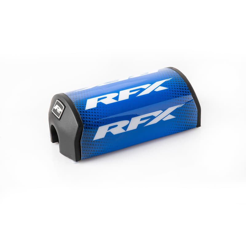 Blue and white RFX Pro 2.0 F7 taper bar pad with a black rubber end, featuring the RFX logo prominently displayed on the side, designed for 28.6mm handlebars.