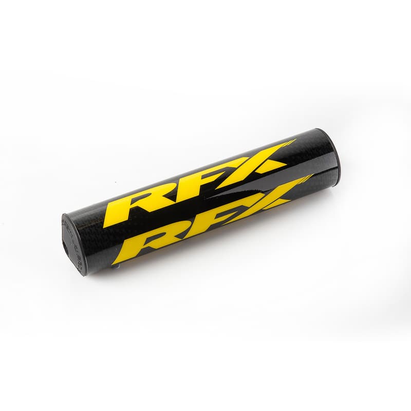 Black and yellow RFX Pro 2.0 F8 Taper Bar Pad, measuring 28.6mm, featuring a sleek design with prominent yellow branding on a textured black surface.