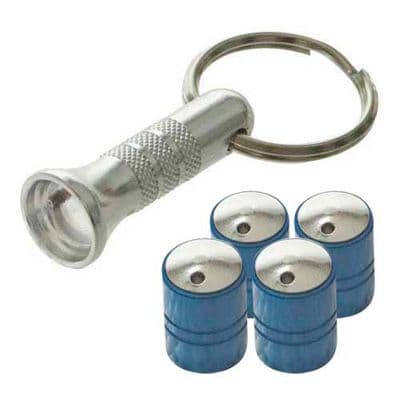 Four blue spinning anti-theft valve caps with a metallic finish, accompanied by a silver keychain flashlight.